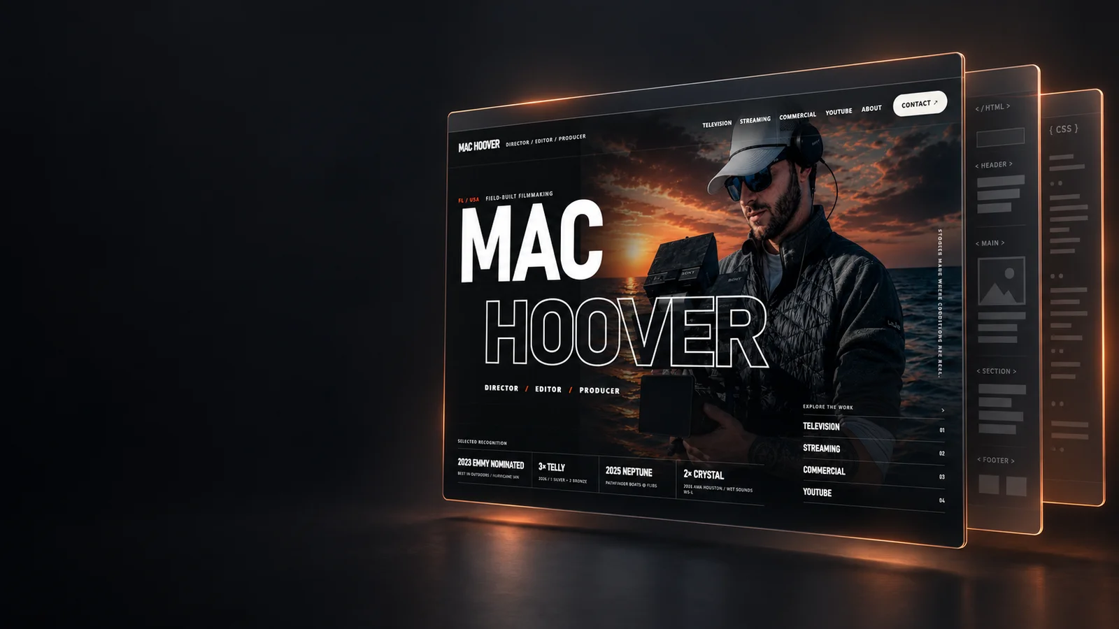 Conceptual illustration of the Mac Hoover website floating in front of transparent page-structure layers, with warm orange edges on a dark background.