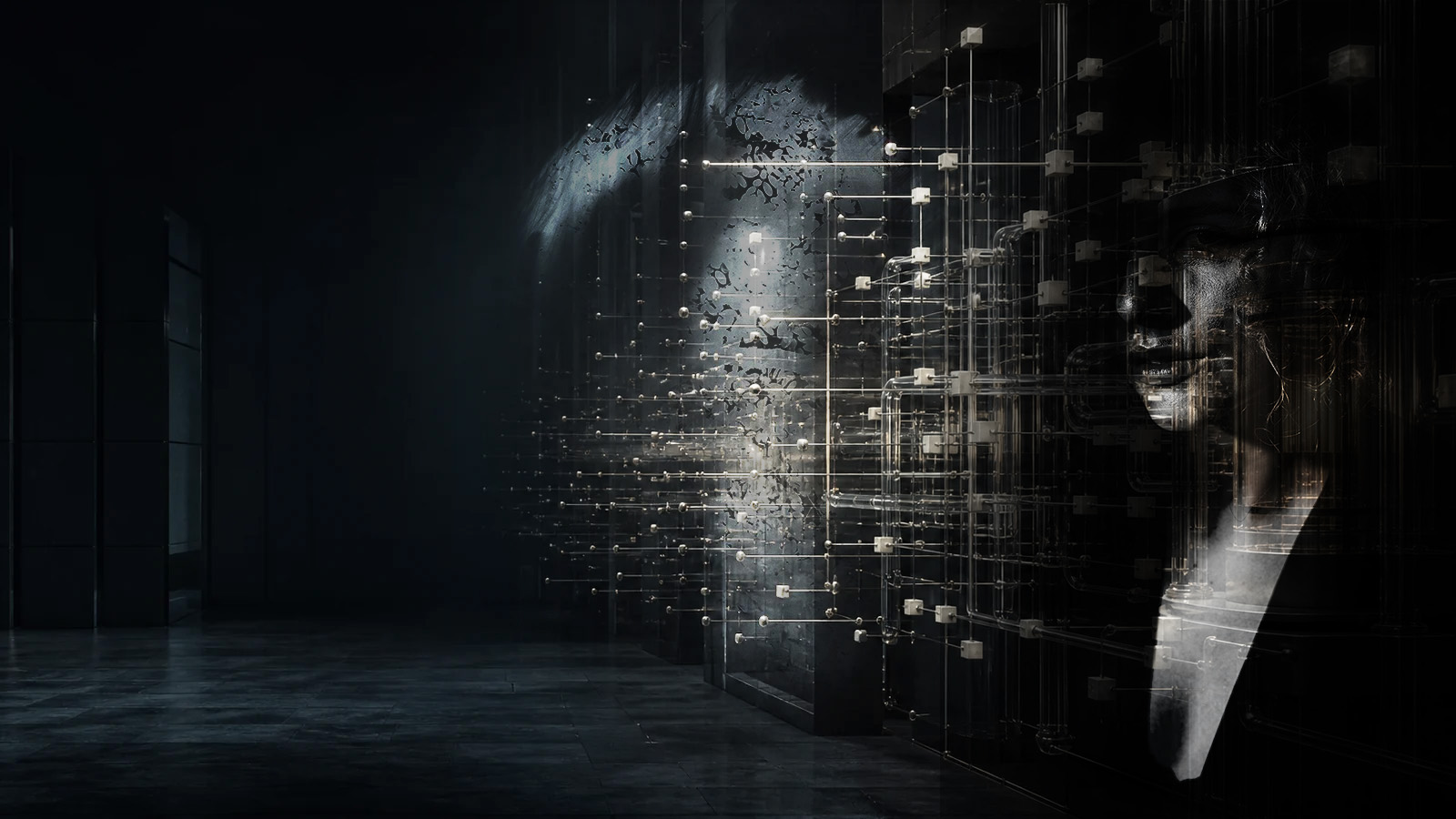 A human profile merging with an illuminated network of glass conduits and data nodes in a dark architectural space.