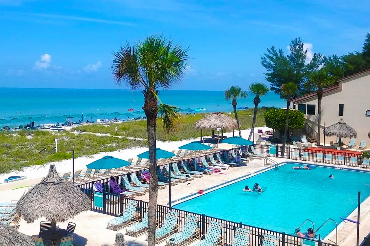 Casa Del Mar Beach Resort pool and beachfront on Longboat Key, Florida.