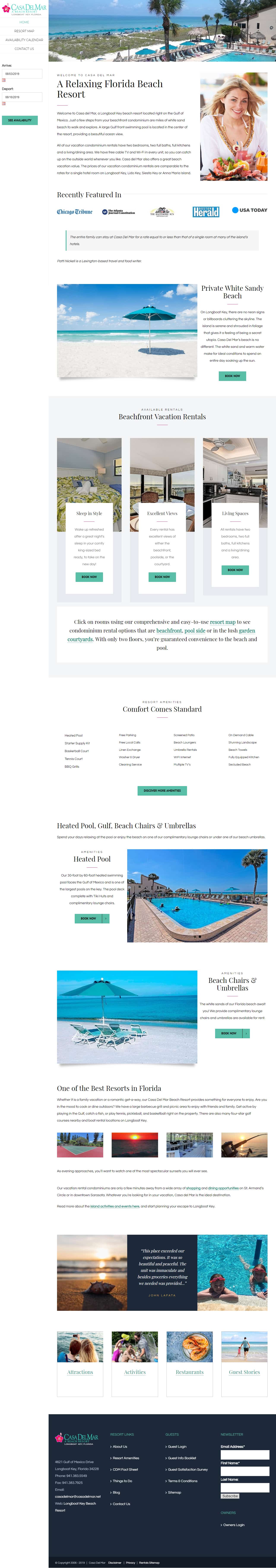 Archived Casa Del Mar website showing the resort story, accommodations, amenities, and booking calls to action.