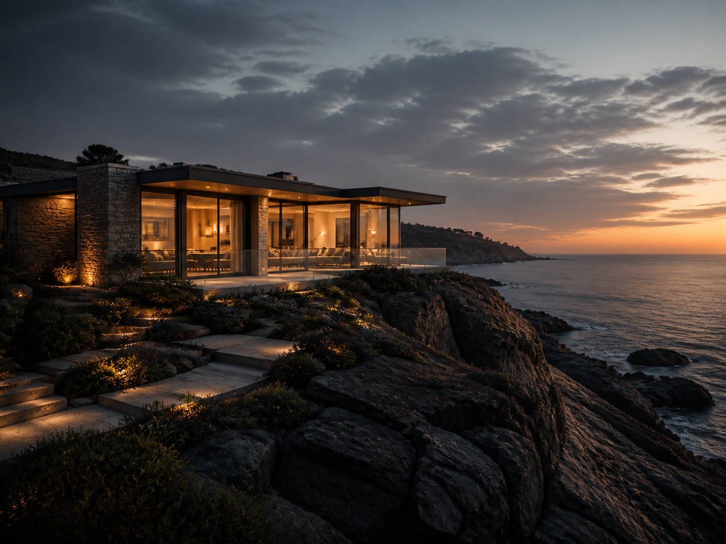 AI concept rendering of a modern oceanfront residence at dusk.