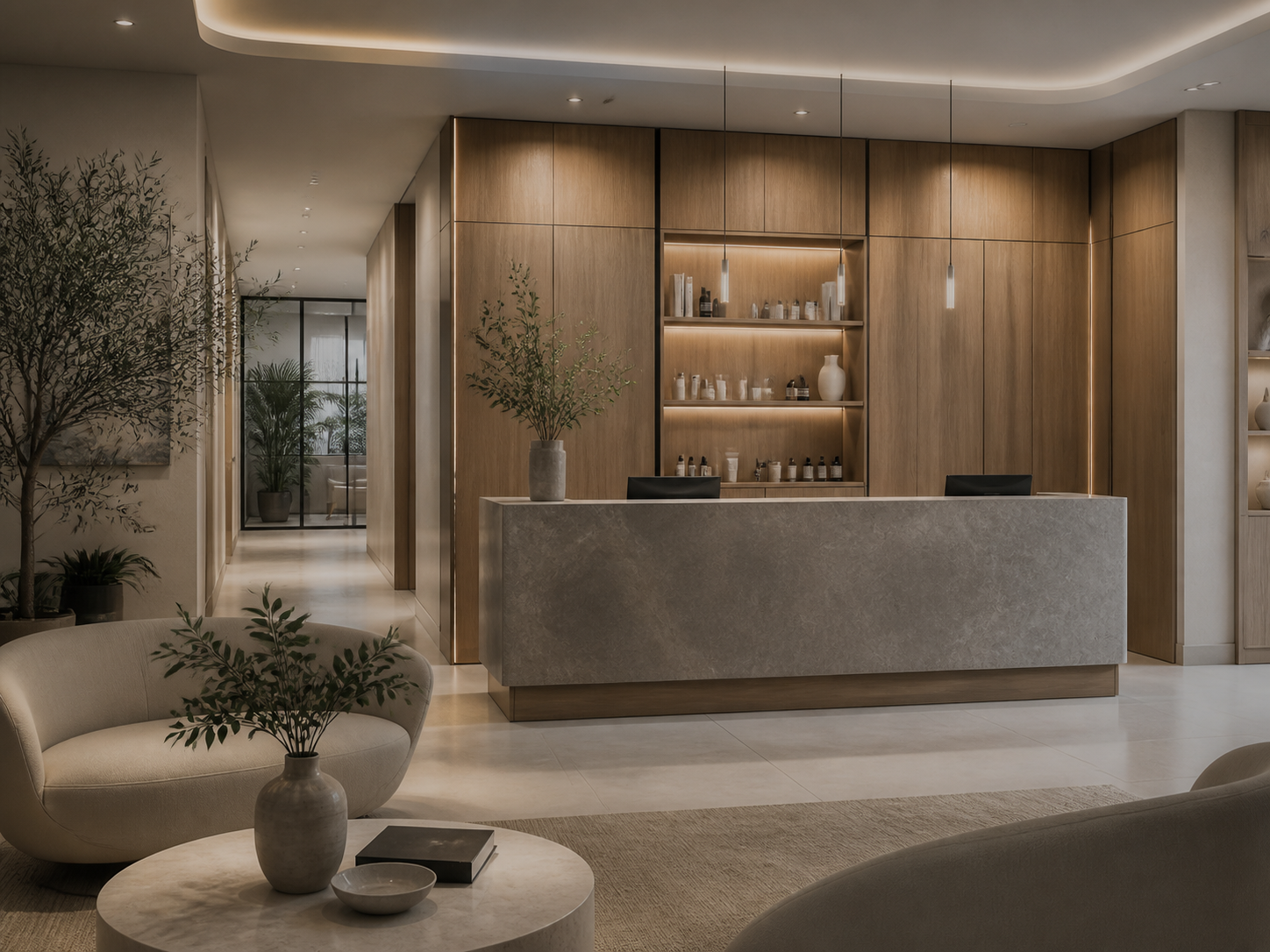 AI concept rendering of a warm, modern wellness clinic reception.