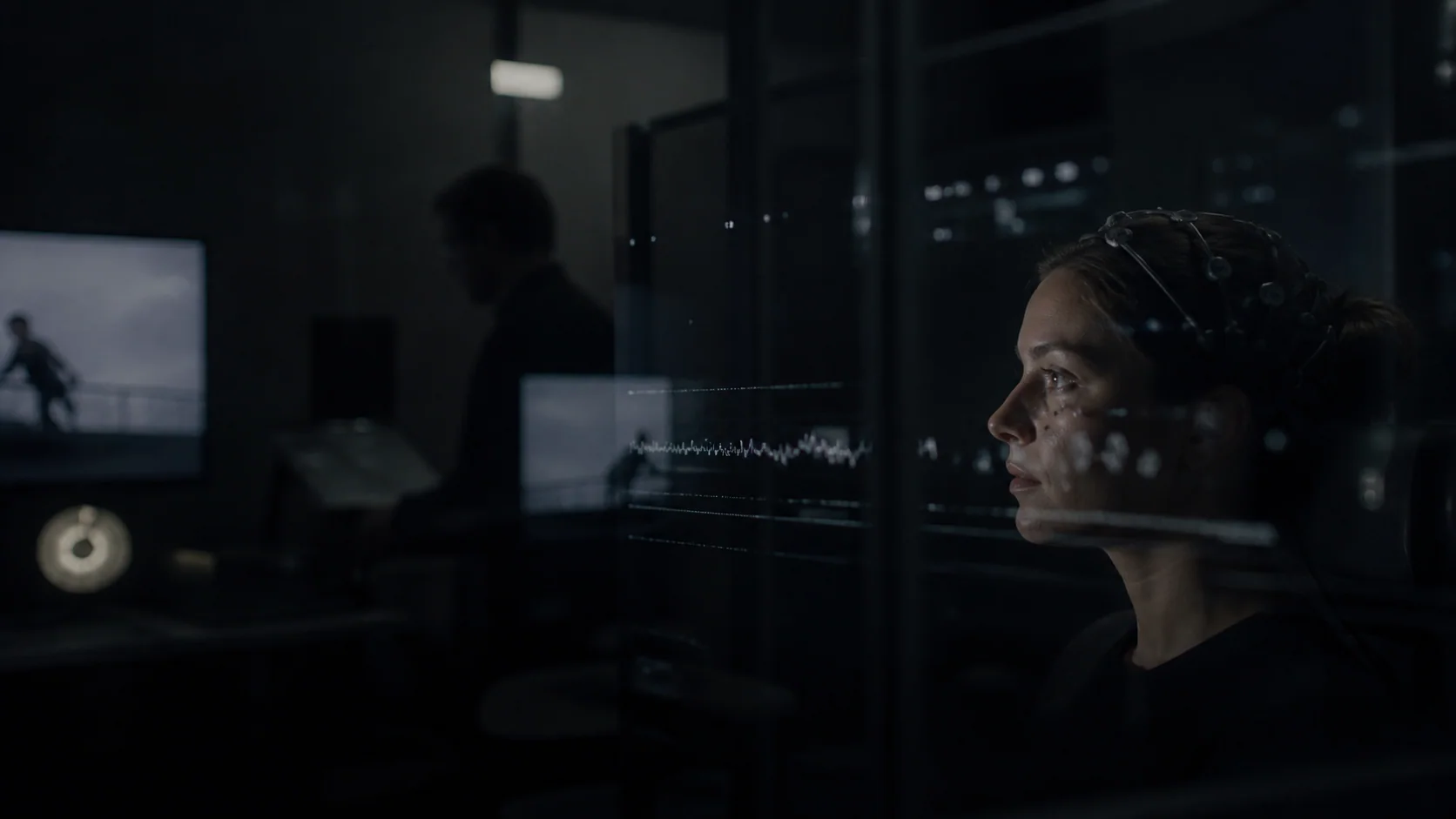 Woman wearing EEG sensors in a dark behavioral research lab