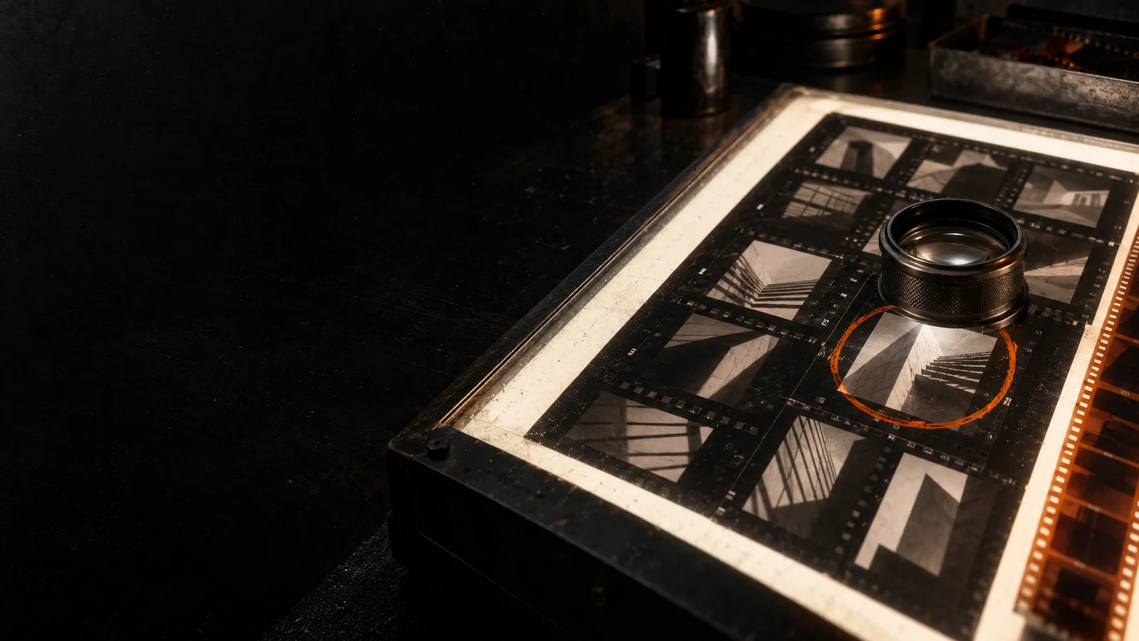 An analog light table with architectural contact sheets, an orange grease-pencil circle, and a photographer’s loupe selecting one frame.