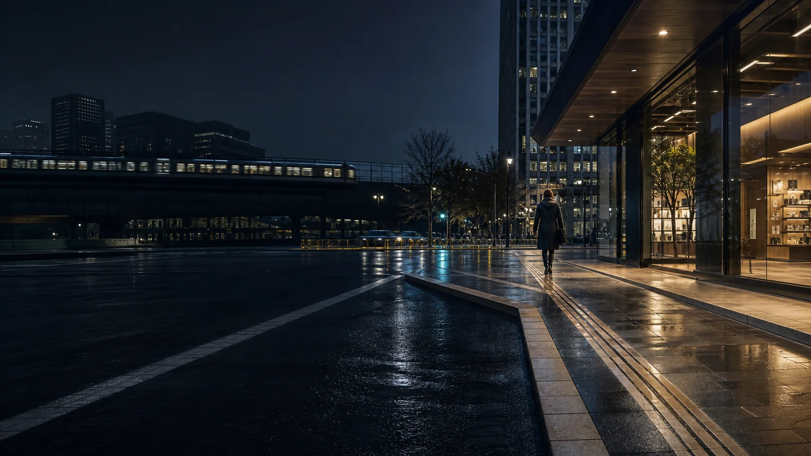 Pedestrian moving through connected transit, street, and storefront paths at night