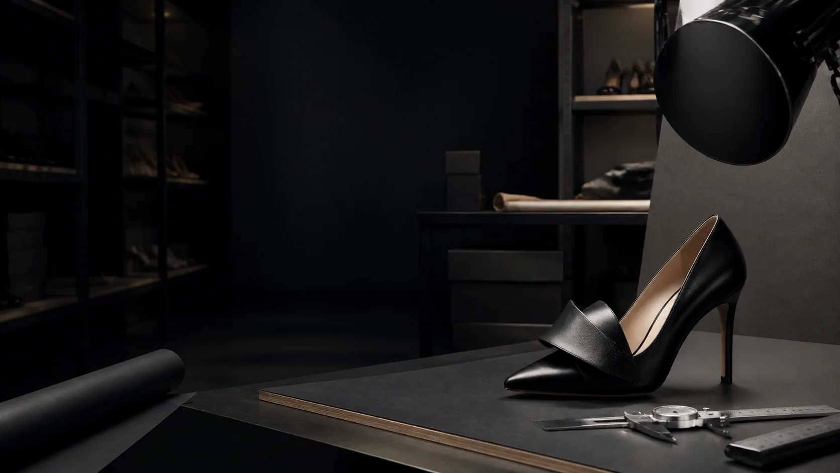 Black women's shoe being measured in a dark ecommerce photography studio