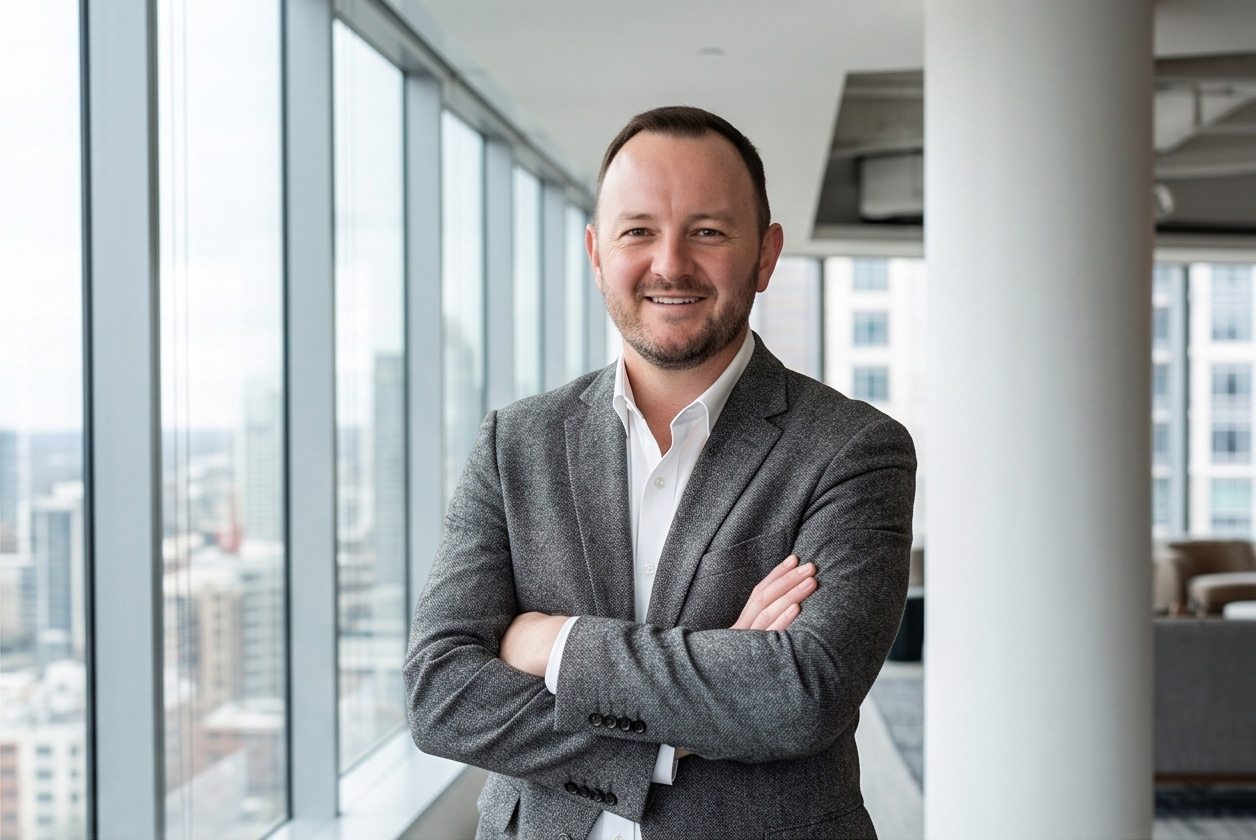 Jason George, founder of Pixl Envy, in a modern office.