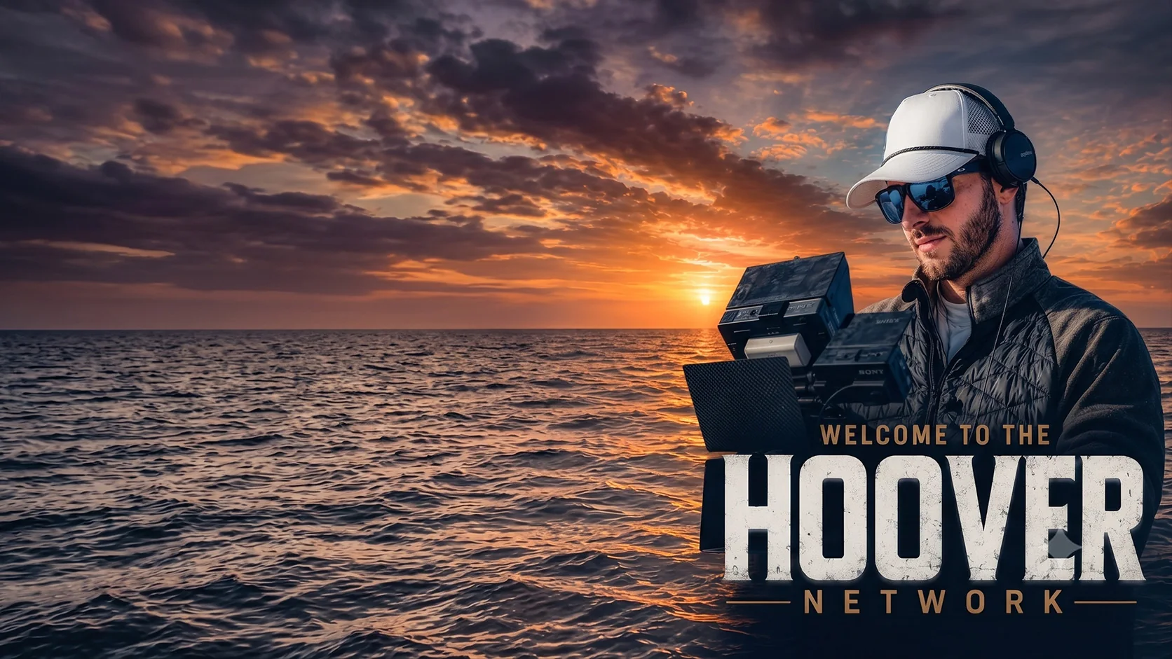 Hoover Network artwork showing a camera operator filming at sea during sunset.
